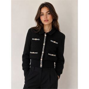 Maje Black Tweed Bomber Jacket with Decorative Trim